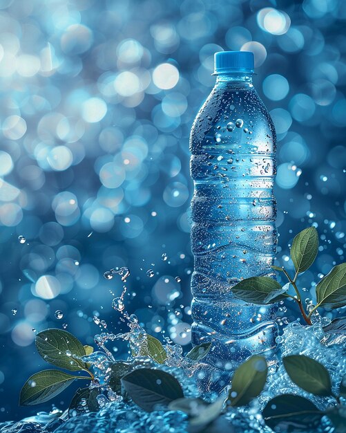 Foto botella de plástico de agua mineral sobre un fondo de bokeh azul