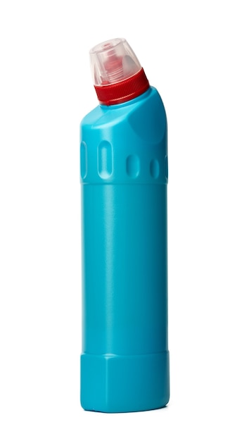 Botella de plástico azul de detergente líquido aislado en blanco