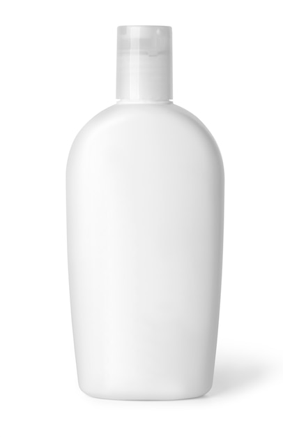 Botella de plástico blanco para champú, gel de ducha, loción, leche corporal, espuma de baño con trazado de recorte