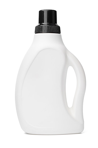 Botella de plástico blanco de líquido de lavado aislado sobre fondo blanco.