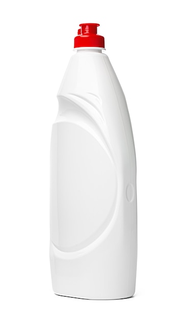 Botella de plástico blanco de líquido de lavado aislado sobre fondo blanco.