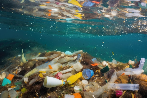 Una botella de plástico flota en el océano.