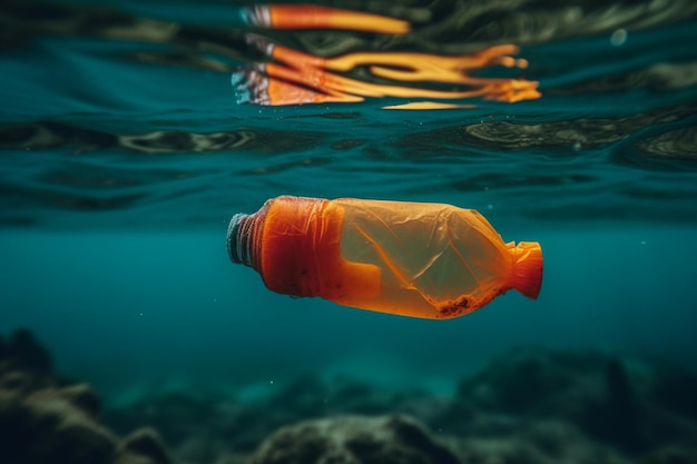 Una botella de plástico flotando en el agua con una persona en el fondo