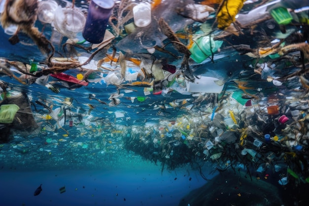 Una botella de plástico flotando en el océano