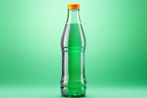 Una botella de plástico con forma creativa, posiblemente para refrescos o agua mineral, sobre un fondo de estudio coloreado