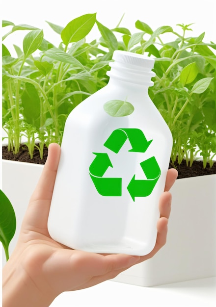 Una botella de plástico reciclada utilizada para cultivar plantas aisladas sobre un fondo blanco