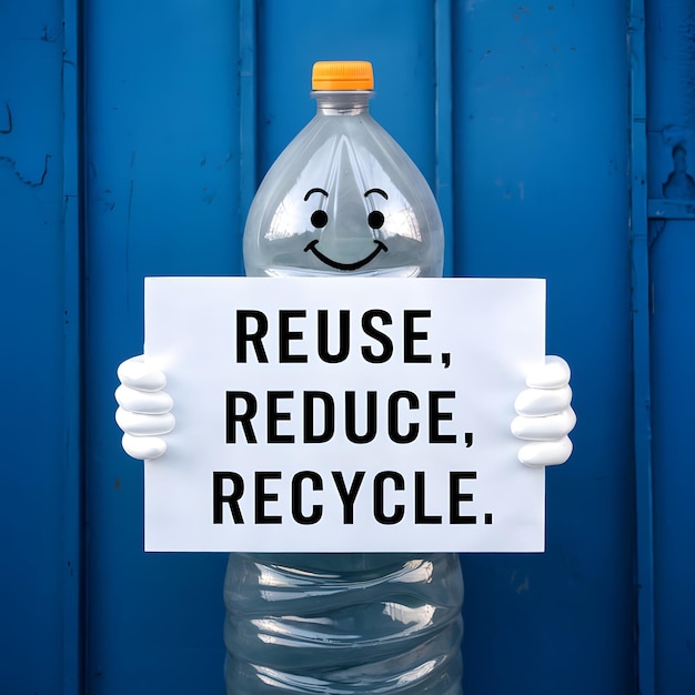 Botella de plástico sonriente con mensaje reciclable que promueve prácticas ecológicas para los medios sociales