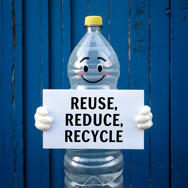 Botella de plástico sonriente con mensaje reciclable que promueve prácticas ecológicas para los medios sociales