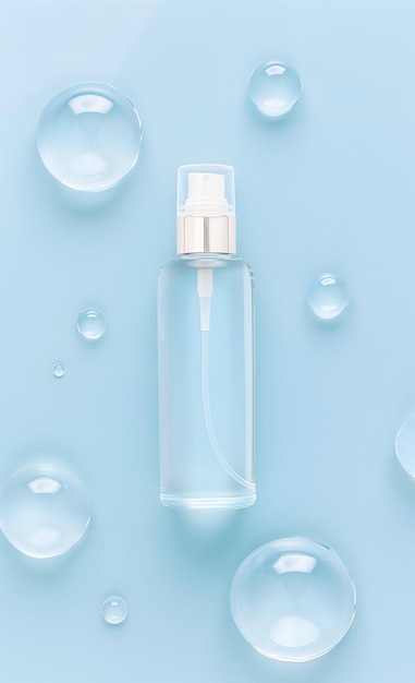 Botella de plástico transparente con gotas de agua en fondo azul Envases cosméticos minimalistas