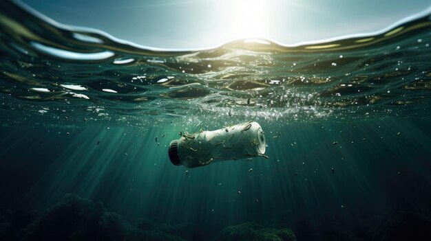 Botella de plástico vieja en el concepto de protección ambiental del océano IA genérica