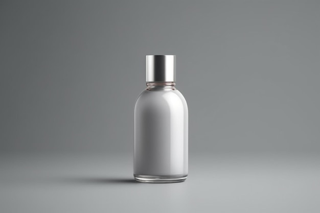 Una botella plateada de perfume con una tapa plateada se asienta sobre un fondo gris.
