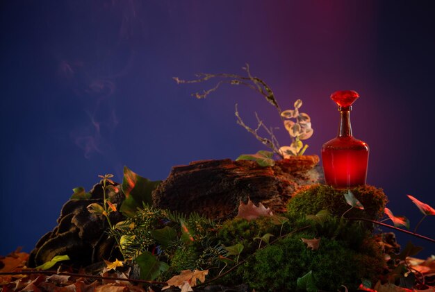 botella con poción en el bosque nocturno