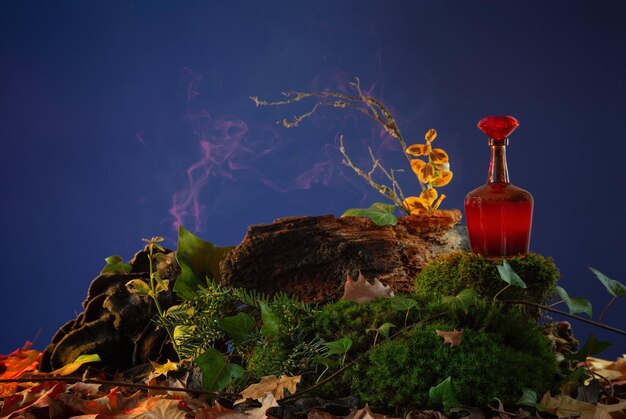 botella con poción en el bosque nocturno