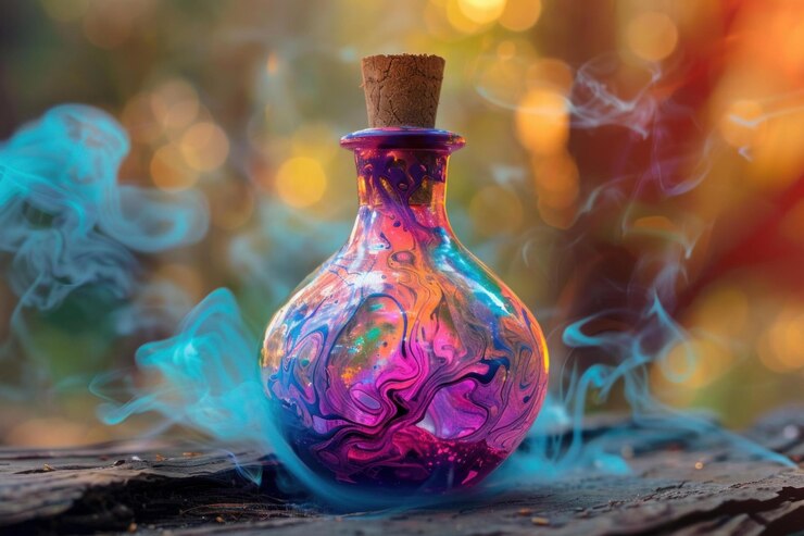 Foto botella de poción colorida que libera humo azul mágico en una superficie de madera