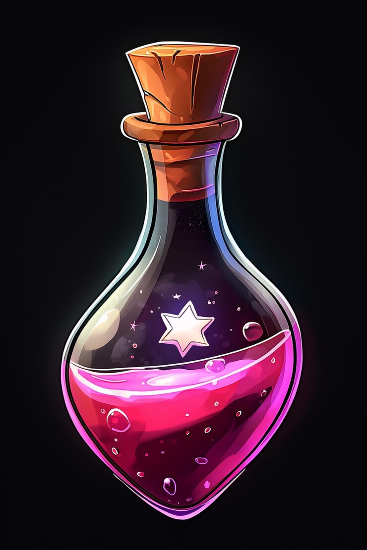 Foto botella de poción de dibujos animados con una estrella y líquido rosado