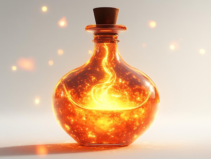 Foto botella de poción de dibujos animados que brilla con magia en el interior contra el fondo blanco