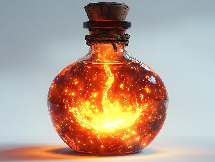Foto botella de poción de dibujos animados que brilla con magia en el interior contra el fondo blanco