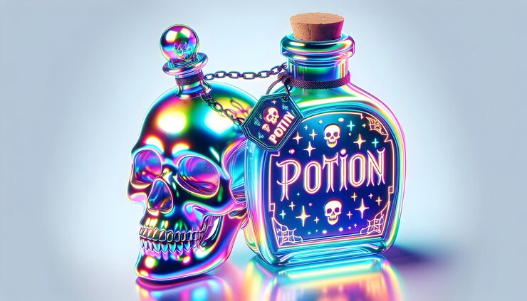 Foto botella de poción holográfica y cráneo con poción concepto de texto como una poción holgráfica vibrante y brillante