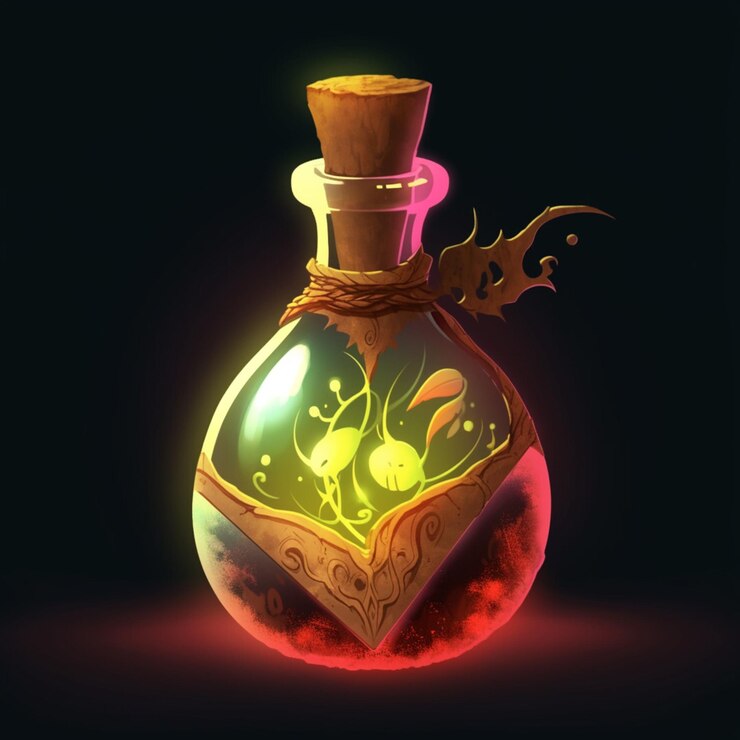 Foto una botella de poción mágica con una etiqueta brillante que dice "magia".