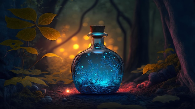 Botella de poción que brilla intensamente en el arte generado por la red neuronal del suelo del bosque nocturno