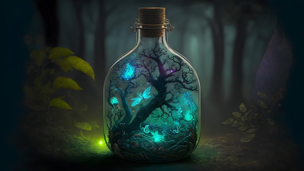 Botella de poción resplandeciente con árbol mágico en el interior del bosque nocturno generado por la red neuronal