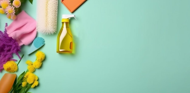 Foto una botella de productos de limpieza sobre un fondo verde.
