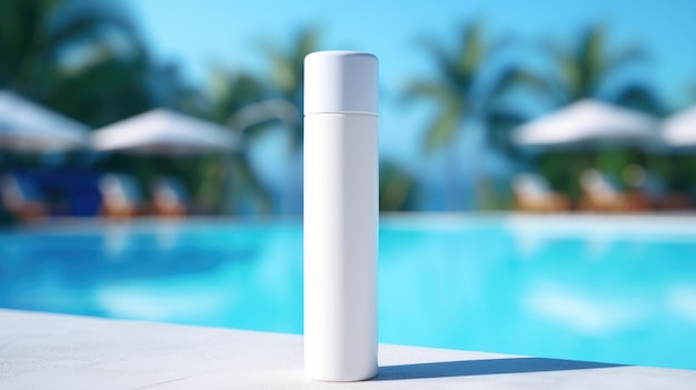 Foto una botella de protector solar junto a una refrescante piscina en un día soleado