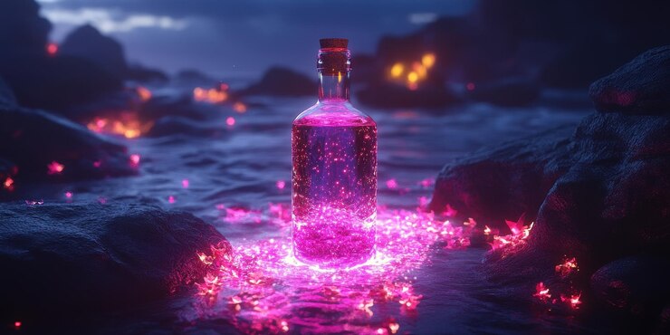 Foto una botella púrpura con líquido púrpura en el medio
