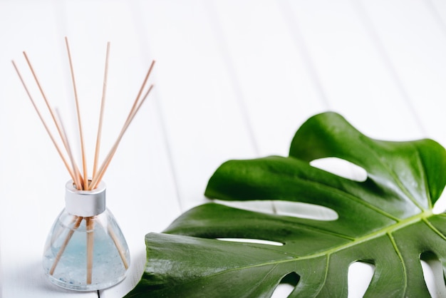 Botella refrescante de aire y hoja de una monstera con superficie blanca