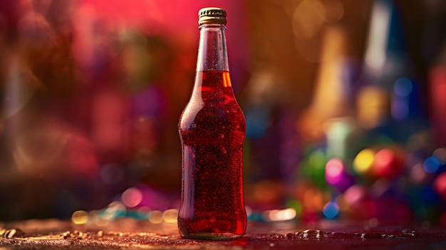 Una botella de refresco rojo se encuentra en la barra de un bar.