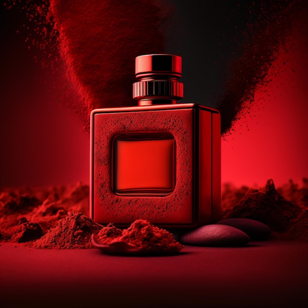 Una botella roja de perfume con un fondo rojo y la palabra perfume.