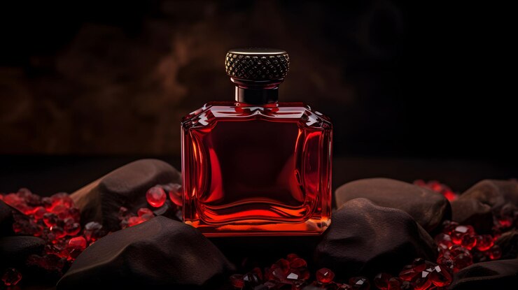 Una botella roja de perfume rojo con un fondo oscuro