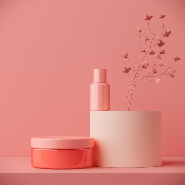 Botella roja y rosa de cosméticos en 3D