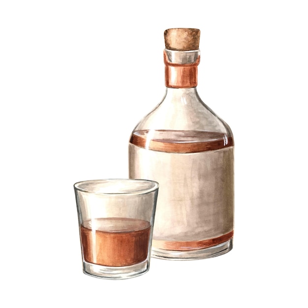 Botella de ron y recipientes transparentes de vidrio con bebida alcohólica cognac poción de whisky o