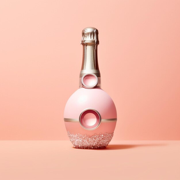 una botella rosa de champán con un anillo en la parte superior.