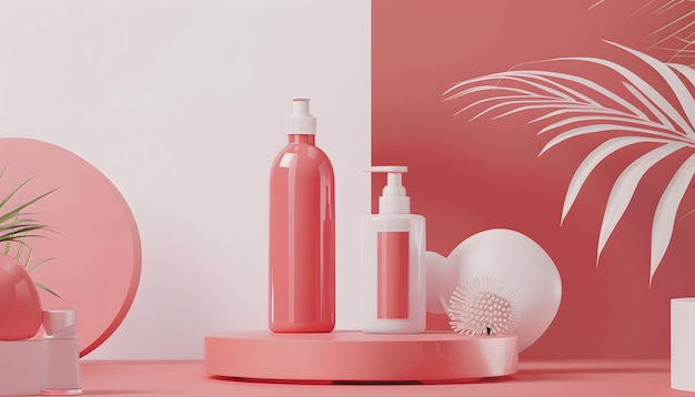 una botella rosa de champú se sienta en una mesa rosa
