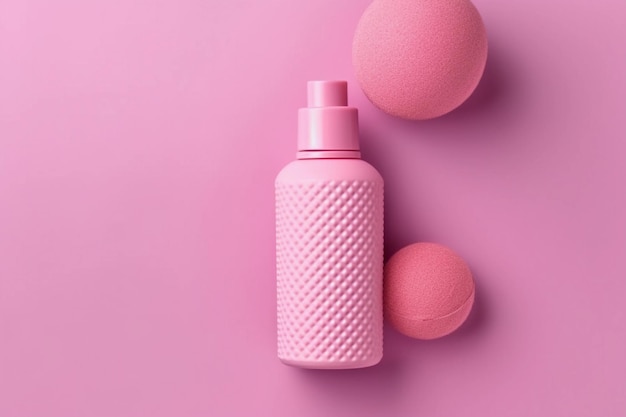 Una botella rosa de exfoliantes de baño sobre un fondo rosa