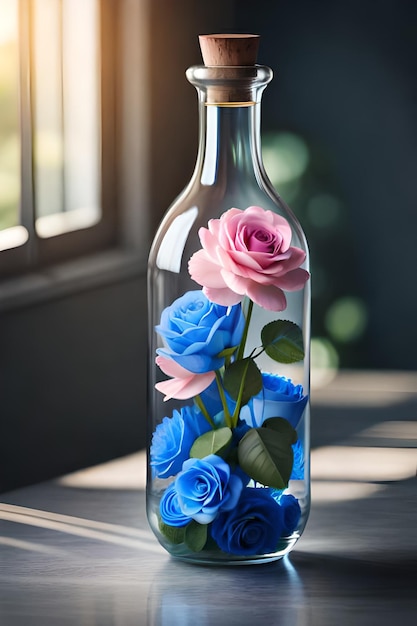 Una botella con rosas azules y rosadas