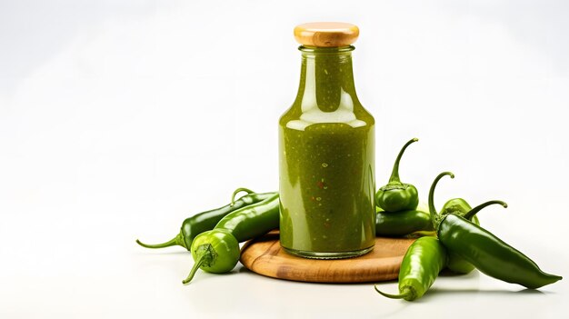 Botella de salsa caliente con muchos pimientos verdes aislados sobre un fondo blanco