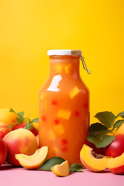 Botella de salsa de melocotón casera Frutas Fitness saludable Anuncio de botella Beber
