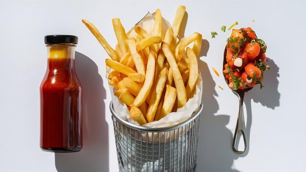 Foto botella de salsa de patatas fritas y paquete de comida sobre un fondo blanco