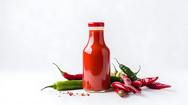 Botella de salsa picante con muchos pimientos verdes y rojos aislados sobre un fondo blanco