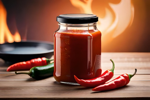 Una botella de salsa picante sobre una mesa y chiles alrededor