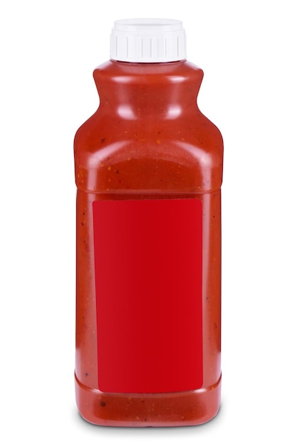 Botella de salsa roja con etiqueta roja en blanco aislada sobre un fondo blanco plantilla para el diseño del producto pizza ketchup salsas taco salsa caliente barbacoa estilo asiático salsa de búfalo
