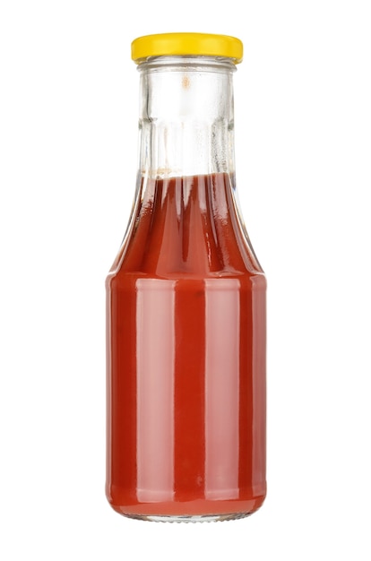 Botella de salsa de tomate aislado sobre fondo blanco.