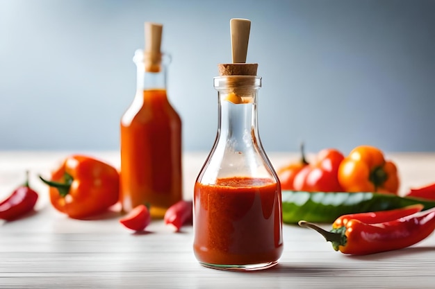 Una botella de salsa de tomate con mango de madera.