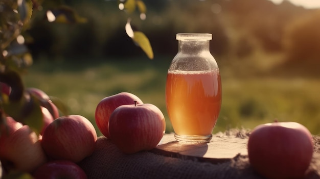 Una botella de sidra de manzana junto a un montón de manzanas.