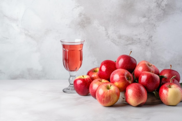 botella de sidra de manzana con manzanas en la mesa sobre un fondo blanco