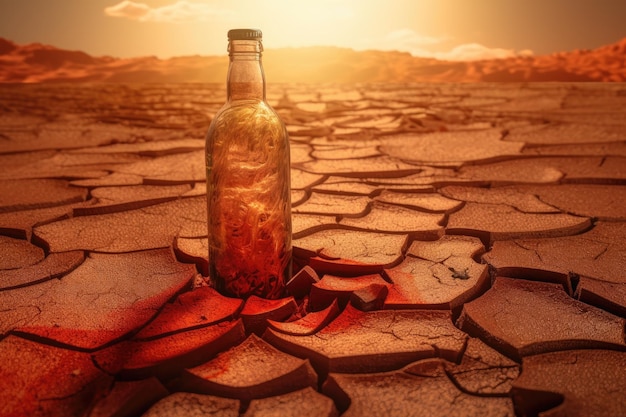 Botella solitaria de pie en medio de un vasto y árido paisaje desértico IA generativa