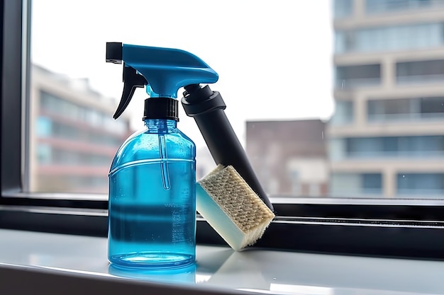 Botella de spray de limpiador de ventanas con el líquido azul listo para ser rociado creado con ai generativo